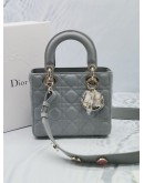 CHRISTIAN DIOR SMALL LADY DIOR MY ABCDIOR STONE GREY CANNAGE LAMBSKIN LEATHER WITH ADJUSTABLE WITH THREE BADGES -FULL SET-