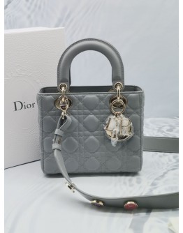 CHRISTIAN DIOR SMALL LADY DIOR MY ABCDIOR STONE GREY CANNAGE LAMBSKIN LEATHER WITH ADJUSTABLE WITH THREE BADGES -FULL SET-