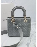 CHRISTIAN DIOR SMALL LADY DIOR MY ABCDIOR STONE GREY CANNAGE LAMBSKIN LEATHER WITH ADJUSTABLE WITH THREE BADGES -FULL SET-