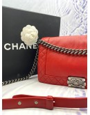 CHANEL SOFT LAMBSKIN MEDIUM BOY REVERSO FLAP RED WITH AGED SILVER HARDWARE -FULL SET-