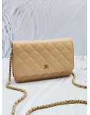 2022 MICROCHIP CHANEL CLASSIC FLAP WALLET ON CHAIN IN BEIGE CAVIAR LEATHER GOLD HARDWARE