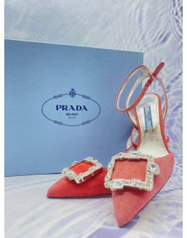 (BRAND NEW) PRADA CRYSTAL BUCKLE SUEDE PUMPS IN BLOSSOM PINK SIZE 35.5 -FULL SET-