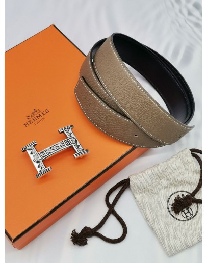 (UNUSED) HERMES ETAIN/NOIR LEATHER REVERSIBLE BELT WITH H TOUAREG BELT BUCKLE SIZE 85  -FULL SET-