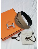 (UNUSED) HERMES ETAIN/NOIR LEATHER REVERSIBLE BELT WITH H TOUAREG BELT BUCKLE SIZE 85  -FULL SET-