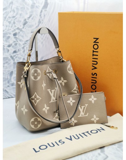 2022 MICROCHIP LOUIS VUITTON MONOGRAM EMPREINTE LEATHER NEONOE MM BICOLOR TOURTERELLE CREME GOLD HARDWARE BUCKET BAG -FULL SET-