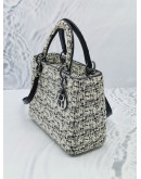 CHRISTIAN DIOR MEDIUM LADY DIOR LIMITED EDITION TWEED BLACK / WHITE SILVER HARDWARE HANDLE BAG