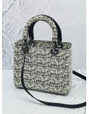 CHRISTIAN DIOR MEDIUM LADY DIOR LIMITED EDITION TWEED BLACK / WHITE SILVER HARDWARE HANDLE BAG