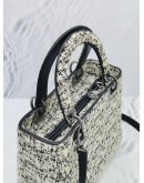 CHRISTIAN DIOR MEDIUM LADY DIOR LIMITED EDITION TWEED BLACK / WHITE SILVER HARDWARE HANDLE BAG