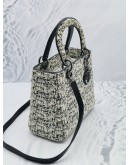 CHRISTIAN DIOR MEDIUM LADY DIOR LIMITED EDITION TWEED BLACK / WHITE SILVER HARDWARE HANDLE BAG