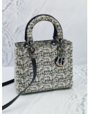 CHRISTIAN DIOR MEDIUM LADY DIOR LIMITED EDITION TWEED BLACK / WHITE SILVER HARDWARE HANDLE BAG