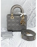 CHRISTIAN DIOR SMALL LADY DIOR MY ABCDIOR STONE GREY CANNAGE LAMBSKIN LEATHER WITH ADJUSTABLE WITH THREE BADGES 