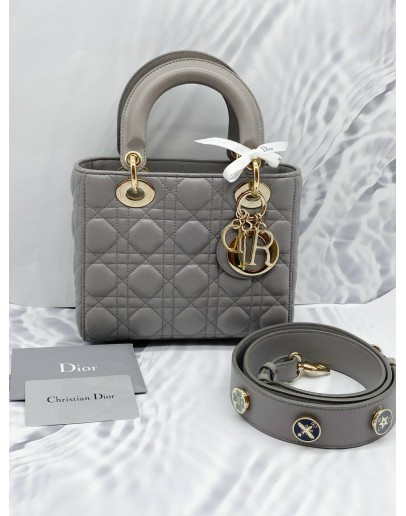 CHRISTIAN DIOR SMALL LADY DIOR MY ABCDIOR STONE GREY CANNAGE LAMBSKIN LEATHER WITH ADJUSTABLE WITH THREE BADGES 