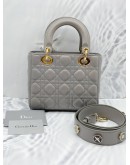 CHRISTIAN DIOR SMALL LADY DIOR MY ABCDIOR STONE GREY CANNAGE LAMBSKIN LEATHER WITH ADJUSTABLE WITH THREE BADGES 