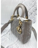 CHRISTIAN DIOR SMALL LADY DIOR MY ABCDIOR STONE GREY CANNAGE LAMBSKIN LEATHER WITH ADJUSTABLE WITH THREE BADGES 