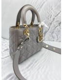 CHRISTIAN DIOR SMALL LADY DIOR MY ABCDIOR STONE GREY CANNAGE LAMBSKIN LEATHER WITH ADJUSTABLE WITH THREE BADGES 