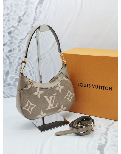 LOUIS VUITTON MONOGRAM EMPREINTE LEATHER BAGATELLE BICOLOR IN TOURTERELLE GREY / CREME BEIGE