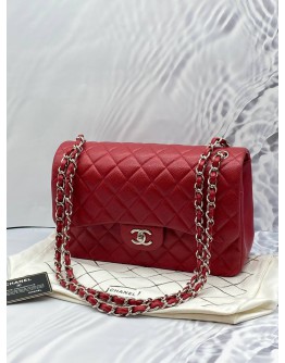 CHANEL JUMBO CLASSIC DOUBLE FLAP RED CAVIAR LEATHER SILVER HARDWARE CHAIN BAG 