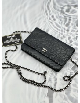 CHANEL BLACK CAMELLIA EMBOSSED LAMBSKIN LEATHER WALLET ON CHAIN WOC -FULL SET-
