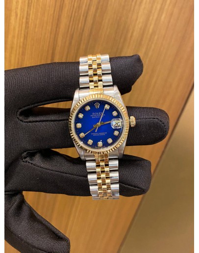 ROLEX OYSTER PERPETUAL LADY DATEJUST HALF 750 YELLOW GOLD DIAMOND ROYAL BLUE DIAL REF 68273 31MM AUTOMATIC YEAR 2003 WATCH -FULL SET-
