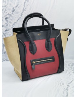CELINE TRI COLOR MINI SIZE LEATHER AND SUEDE LEATHER LUGGAGE TOTE HANDLE BAG 