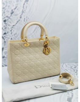 CHRISTIAN DIOR LADY DIOR LARGE IN WHITE BEIGE CANNAGE LEATHER GOLD HARDWARE