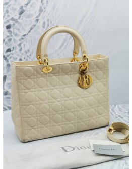 CHRISTIAN DIOR LADY DIOR LARGE IN WHITE BEIGE CANNAGE LEATHER GOLD HARDWARE