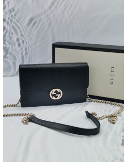 GUCCI INTERLOCKING WALLET ON CHAIN CROSSBODY BLACK LEATHER GOLD HARDWRAE CHAIN BAG