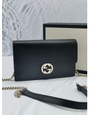 GUCCI INTERLOCKING WALLET ON CHAIN CROSSBODY BLACK LEATHER GOLD HARDWRAE CHAIN BAG