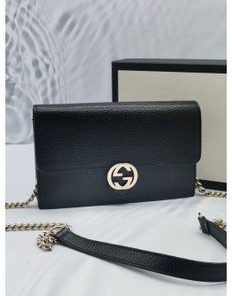 GUCCI INTERLOCKING WALLET ON CHAIN CROSSBODY BLACK LEATHER GOLD HARDWRAE CHAIN BAG