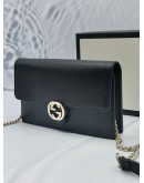 GUCCI INTERLOCKING WALLET ON CHAIN CROSSBODY BLACK LEATHER GOLD HARDWRAE CHAIN BAG