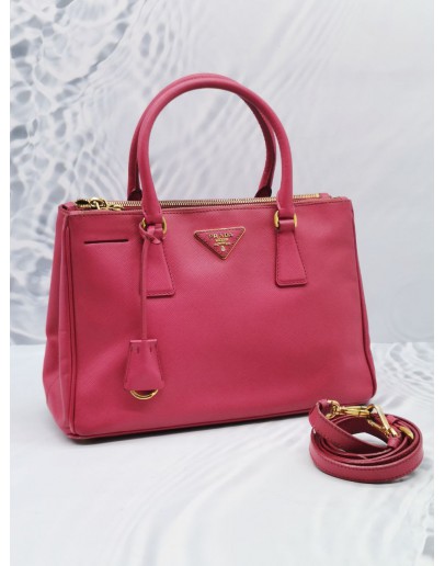 PRADA GALLERIA PINK SAFFIANO LEATHER MEDIUM HANDLE BAG WITH GOLD HARDWARE LEATHER STRAP 