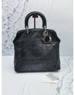 CHRISTIAN DIOR GRANVILLE TOTE BLACK CANNAGE QUILTED LAMBSKIN LEATHER HANDLE BAG 