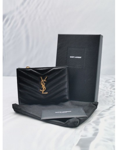 YSL SAINT LAURENT GRAIN DE POUDRE BLACK MATELASSE CHEVRON LEATHER ZIPPED TWO-PART WALLET -FULL SET-