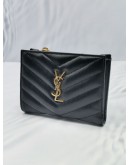 YSL SAINT LAURENT GRAIN DE POUDRE BLACK MATELASSE CHEVRON LEATHER ZIPPED TWO-PART WALLET -FULL SET-