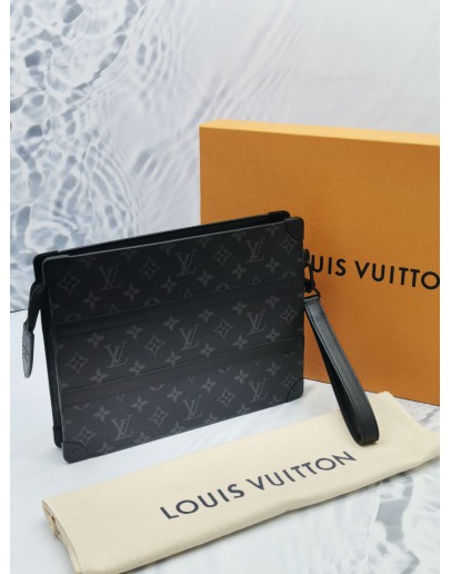 (UNUSED) 2022 MICROCHIP LOUIS VUITTON LINK POCHETTE CLUTCH IN BLACK MONOGRAM ECLIPSE LEATHER -FULL SET-