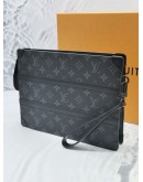 (UNUSED) 2022 MICROCHIP LOUIS VUITTON LINK POCHETTE CLUTCH IN BLACK MONOGRAM ECLIPSE LEATHER -FULL SET-