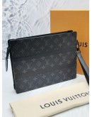 (UNUSED) 2022 MICROCHIP LOUIS VUITTON LINK POCHETTE CLUTCH IN BLACK MONOGRAM ECLIPSE LEATHER -FULL SET-