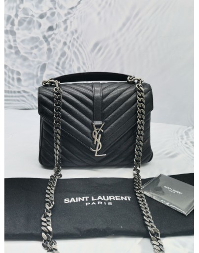 YSL SAINT LAURENT COLLEGE MEDIUM CHAIN BAG IN BLACK QUILTED LAMBSKIN LEATHER