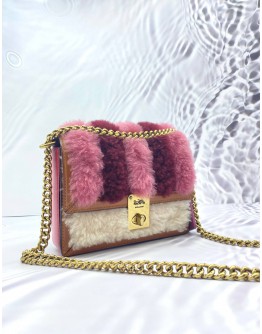 COACH SHEARLING HUTTON SHOULDER BAG 18 WITH PATCWORK (ROSE RED/BLOSSOMS/BEIGE ) 3 COLOURS