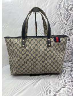 GUCCI SHERRY TOTE BAG HAND BAG NAVY GG PLUS LEATHER