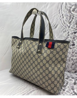 GUCCI SHERRY TOTE BAG HAND BAG NAVY GG PLUS LEATHER
