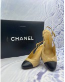 CHANEL FRONT DESIGN MAGIC BLACK / SOFT BEIGE  QUILTED LEATHER CAP TOE SLINGBACK SANDALS SIZE 37C