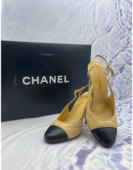 CHANEL FRONT DESIGN MAGIC BLACK / SOFT BEIGE  QUILTED LEATHER CAP TOE SLINGBACK SANDALS SIZE 37C