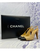 CHANEL FRONT DESIGN MAGIC BLACK / SOFT BEIGE  QUILTED LEATHER CAP TOE SLINGBACK SANDALS SIZE 37C