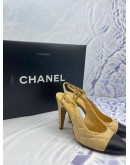 CHANEL FRONT DESIGN MAGIC BLACK / SOFT BEIGE  QUILTED LEATHER CAP TOE SLINGBACK SANDALS SIZE 37C