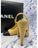 CHANEL FRONT DESIGN MAGIC BLACK / SOFT BEIGE  QUILTED LEATHER CAP TOE SLINGBACK SANDALS SIZE 37C