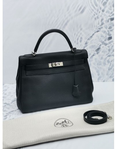 (NEW YEAR SALE) HERMES KELLY 32 TOP HANDLE BAG BLACK TOGO LEATHER PALLADIUM HARDWARE WITH STRAP STAMP R