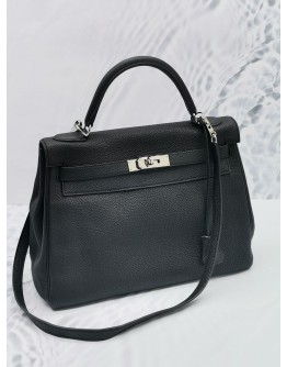 (NEW YEAR SALE) HERMES KELLY 32 TOP HANDLE BAG BLACK TOGO LEATHER PALLADIUM HARDWARE WITH STRAP STAMP R
