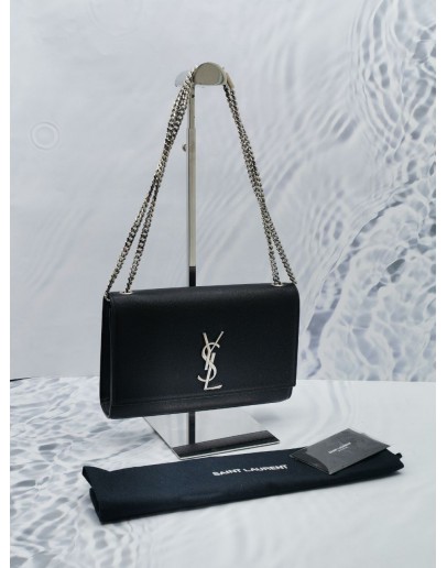 (NEW YEAR SALE) YSL SAINT LAURENT KATE MEDIUM IN BLACK GRAIN DE POUDRE EMBOSSED LEATHER SILVER CHAIN BAG