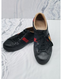 GUCCI BEE ACE MEN'S BLACK CALFSKIN LEATHER SNEAKERS SIZE 8